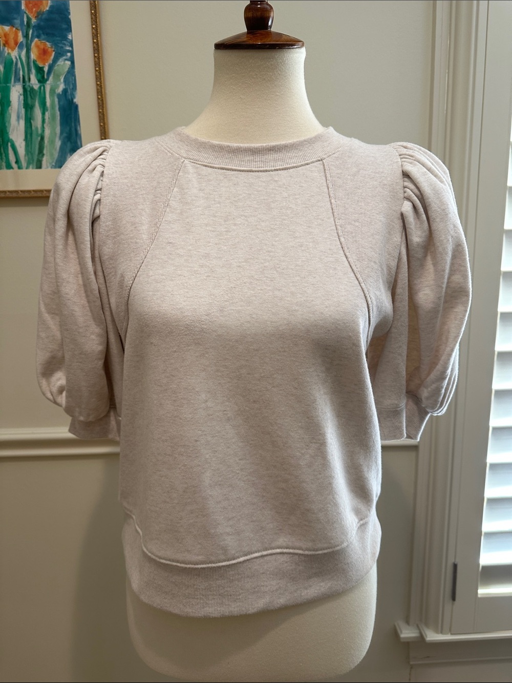 Maeve Puff Sleeve Crewneck Sweatshirt in Light Beige